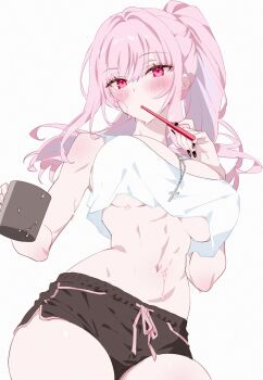 1girl abs bare_shoulders black_shorts blush breasts brushing_teeth commentary cross cross_necklace cup drinking_glass fingernails highres holding holding_cup hololive hololive_english jewelry kamiya_maneki large_breasts long_hair looking_at_viewer mori_calliope nail_polish navel necklace pink_eyes pink_hair shirt shorts simple_background solo stomach sweat thighs toned toned_female underboob untranslatable_commentary virtual_youtuber white_background white_shirt