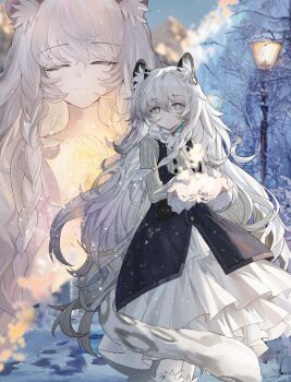 Rule 34 | 2girls, absurdres, age comparison, animal ear fluff, arknights, bare tree, black dress, braid, bright pupils, changpan hutao, chinese commentary, closed eyes, commentary, commentary request, dress, dual persona, english commentary, feet out of frame, frown, grey eyes, grey hair, highres, lamppost, layered skirt, long hair, looking to the side, mixed-language commentary, multiple girls, own hands clasped, own hands together, palms together, pinafore dress, pramanix (arknights), ribbed sweater, skirt, sleeveless, sleeveless dress, smile, snow, snow leopard ears, snow leopard girl, snow leopard tail, sweater, tree, upper body, very long hair, white pupils, white skirt