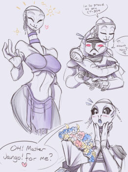 Rule 34 | 1girl, 2boys, alien, armor, black pants, black sclera, blush, blush stickers, blush visible through clothes, bouquet, breasts, clone trooper, closed eyes, colored sclera, colored skin, commentary, cropped legs, cropped torso, detached sleeves, english commentary, english text, flower, hands on own chin, headpiece, heart, holding, holding bouquet, hug, jango fett, jewelry, kaminoan, light smile, long neck, medium breasts, midriff, multiple boys, navel, neck ring, open mouth, pants, pelvic curtain, purple tube top, science fiction, simple background, sketch, speech bubble, star wars, star wars: attack of the clones, strapless, sun symbol, surprised, taun we, tidywire, tube top, upper body, white background, white skin