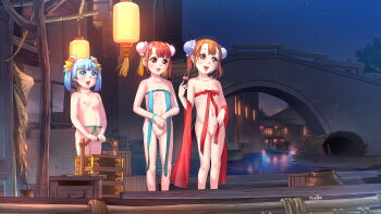 3girls a-801 acfun acfun_girl arch_bridge bad_id bad_pixiv_id blue_eyes blue_hair boat bridge building bun_cover character_request cleft_of_venus double_bun facing_viewer flat_chest hair_bun hair_ornament hair_ribbon hand_fan highres lantern loli mid-autumn_festival multiple_girls naked_ribbon navel night nipples nude open_mouth orange_eyes orange_hair outdoors public_indecency pussy red_eyes red_hair ribbon short_hair short_twintails signature sky small_areolae small_nipples standing star_(sky) starry_sky td_girl tsukimi twintails uncensored water watercraft zenra
