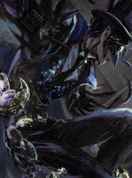 1boy bird_mask black_coat black_feathers black_gloves black_hair black_necktie black_pants black_sclera cane cape claw_ring coat colored_sclera dire_crowley feathers gloves hat highres looking_to_the_side male_focus mask necktie pants pointy_ears profile shirt top_hat twisted_wonderland two-tone_vest vest white_shirt zztzza