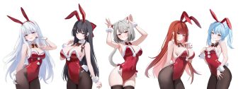 5girls absurdres akane_lize animal_ears arahashi_tabi armpits arms_up ayatsuno_yuni bare_arms bare_shoulders black_eyes black_hair blue_eyes blue_hair bow bowtie breasts brown_pantyhose brown_thighhighs cat_ears cleavage commentary_request covered_navel detached_collar fake_animal_ears fake_tail fur-trimmed_leotard fur_trim gloves grey_hair grin hair_bow hair_ornament hairband hairclip hand_on_own_thigh hand_up highleg highleg_leotard highres korean_commentary large_breasts leotard long_hair looking_at_viewer multicolored_hair multiple_girls nannung neneko_mashiro nontraditional_playboy_bunny pantyhose playboy_bunny purple_eyes rabbit_ears rabbit_pose rabbit_tail red_eyes red_hair red_hairband red_leotard shirayuki_hina short_hair side-tie_leotard skindentation small_breasts smile stellive strapless strapless_leotard streaked_hair tail thighhighs thighs very_long_hair virtual_youtuber white_gloves white_hair wrist_cuffs