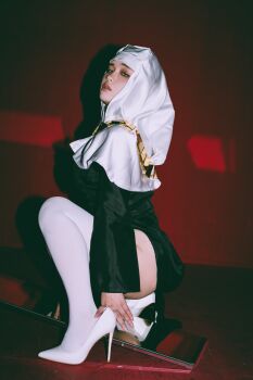 1girl 5y_mmo absurdres arm_at_side ass black_dress breasts buddhist_nun commentary cosplay cosplay_photo curvy dark_background demon_girl dress fate/extra fate/extra_ccc fate/grand_order fate_(series) fingernails full-length_mirror full_body gold_necklace half-closed_eyes hand_on_own_ankle hand_on_own_thigh high_heels highres indoors jewelry large_breasts long_dress long_fingernails long_sleeves looking_at_viewer mature_female mirror necklace no_ears nose nun on_one_knee pale_skin parted_lips photo_(medium) pink_lips raised_eyebrows real_life reflection sessyoin_kiara shadow side_slit skindentation solo teeth thick_thighs thighhighs thighs upper_teeth_only white_coif white_thighhighs wooden_floor yellow_eyes