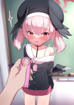 1boy 1girl beret black_hat black_shirt black_wings blue_archive blush chalkboard classroom collarbone commentary_request controller cowboy_shot feathered_wings hair_between_eyes halo hat head_wings hetero highres implied_vibrator indoors koharu_(blue_archive) large_variant_set loli long_sleeves looking_at_viewer low_wings medium_hair miniskirt neckerchief paid_reward_available parted_lips pink_eyes pink_hair pink_halo pink_neckerchief pink_skirt pleated_skirt remote_control remote_control_vibrator sailor_collar school_uniform serafuku sex_toy shirt shokupan_(slvk12) single_bare_shoulder skirt sleeves_past_wrists sound_effects sweat trembling twintails variant_set vibrator white_sailor_collar wings wireless_sex_toy_controller