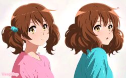Rule 34 | 1girl, alternate hairstyle, aqua shirt, artist name, brown eyes, brown hair, commentary request, expressionless, hair bobbles, hair ornament, hibike! euphonium, highres, long sleeves, looking at viewer, medium hair, oumae kumiko, parted lips, pink shirt, shirt, twintails, upper body, usagihop, variations