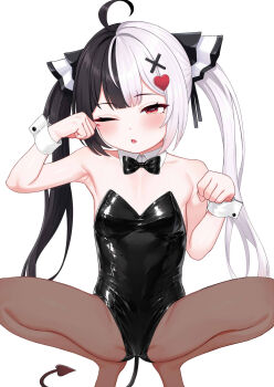 1girl atg_(wttoo0202) black_bow black_hair black_leotard bow bowtie detached_collar hair_ornament highres lacrimosa_(nte) leotard loli long_hair multicolored_hair neverness_to_everness one_eye_closed pantyhose red_eyes solo squatting strapless tail twintails white_background white_hair wrist_cuffs