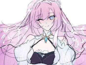 1girl ;o blue_eyes breasts bridal_veil chinese_commentary commentary_request dress elysia_(honkai_impact) honkai_(series) honkai_impact_3rd large_breasts lin_yu_jin looking_at_viewer one_eye_closed pink_hair simple_background smile solo veil white_background white_dress