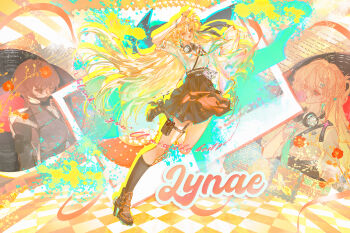 2girls absurdres arm_up black_skirt black_socks blonde_hair blue_eyes breasts character_name checkered_floor chinese_commentary commentary_request dark_persona dual_persona full_body headphones headphones_around_neck highres id_card long_hair looking_at_viewer lynae_(wuthering_waves) medium_breasts mian_tu_qiu multiple_girls neon_palette shirt shirt_tucked_in skirt socks solo very_long_hair white_shirt wuthering_waves