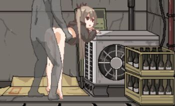 1boy 1girl air_conditioner alcohol animated animated_gif ass barefoot bent_over bottomless censored clothed_female_nude_male clothes_lift cum cum_in_pussy cumdrip hanging_legs doggystyle ejaculation everyday_sexual_life_with_hikikomori_sister feet hair_ornament hair_ribbon held_up hetero holding loli long_hair long_sleeves long_twintails nude outdoors pixel_art ribbon sex sex_from_behind shirt shirt_lift standing tisshuhako twintails vaginal waist_grab wire