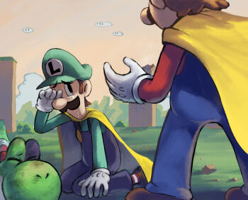 2boys black_eyes blue_overalls brothers brown_hair bruise bruised_eye cape crying crying_with_eyes_open facial_hair gloves grass green_hat green_shirt hat injury kneeling long_sleeves luigi male_focus mario mario_(series) multiple_boys mustache newsboy_cap nintendo outdoors overalls red_shirt red_socks shirt short_hair siblings socks striped_clothes striped_socks super_mario_bros_z tears white_gloves white_socks yamari_(ya_mari_6363) yellow_cape yoshi