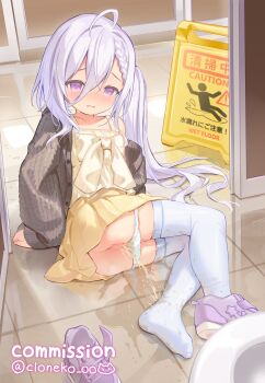 1girl absurdres blush braid cloneko_(zelmeledf2) commission hair_between_eyes highres loli long_hair original panties panty_pull pee peeing peeing_self purple_eyes pussy skeb_commission solo thighhighs underwear variant_set white_panties white_thighhighs