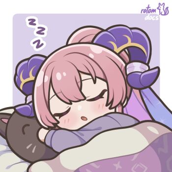 1girl artist_name blush chibi chibi_only closed_eyes commentary curled_horns english_commentary fire_emblem fire_emblem_heroes high_ponytail horns long_hair long_sleeves nerthuz_(fire_emblem) nintendo open_mouth pink_hair ponytail purple_background purple_horns purple_shirt rotomdocs shirt sleeping solo stuffed_animal stuffed_cat stuffed_toy under_covers white_background yellow_horns zzz