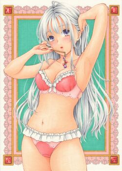 1girl :o absurdres aqua_background armpits blush border bow bow_bra bra breasts choppy_bangs collarbone commentary cowboy_shot crotch_seam frilled_bra frilled_panties frills grey_hair hand_on_own_head hands_up highres holding large_breasts lingerie long_hair looking_at_viewer midori_(mira567) navel original ornate_border outside_border panties parted_lips pink_bra pink_panties purple_eyes solo standing stomach traditional_media underwear underwear_only