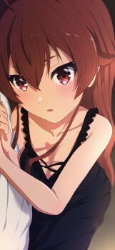 1girl absurdres ahoge bed_sheet black_dress blush breasts cleavage collarbone commentary dress eris_greyrat hair_between_eyes highres long_hair looking_at_viewer lying medium_breasts mushoku_tensei na-suke on_bed on_side open_mouth pov_across_bed red_eyes red_hair sleepwear sleeveless sleeveless_dress solo straight_hair