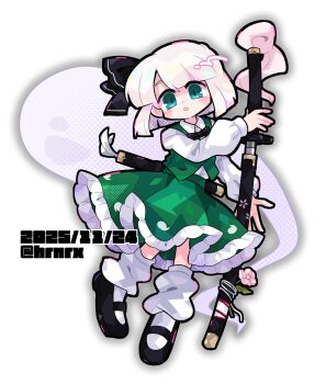 1girl black_bow black_bowtie black_shoes blue_eyes bow bowtie cherry_blossom_print floral_print flower ghost green_skirt green_vest hair_bow harunori_(hrnrx) highres hitodama katana konpaku_youmu mary_janes sheath shirt shoes skirt skirt_set socks sword touhou vest weapon white_hair white_shirt white_socks