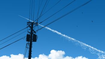 blue_sky chinese_commentary cloud commentary contrail day highres no_humans original outdoors power_lines rune_xiao scenery sky sky_focus utility_pole