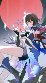 1girl bandana bandana_around_arm black_boots black_gloves black_hair black_shorts blue_eyes blue_hair boots commentary_request fingerless_gloves gloves highres honkai:_star_rail honkai_(series) long_hair mie_xing moon multicolored_hair red_bandana red_moon seele_(honkai:_star_rail) shorts solo two-tone_hair