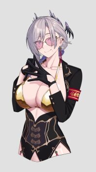 1girl armband bikini black_gloves black_jacket black_wings blue_eyes braid breasts bright_pupils cleavage closed_mouth collarbone commentary earrings english_commentary facial_mark gloves gold_bikini grey_hair head_wings highres horizontal_pupils indie_virtual_youtuber jacket jewelry kuon_bb long_sleeves pochimaru_(vtuber) red_armband shadow smile solo steepled_fingers swimsuit teardrop_facial_mark virtual_youtuber white_background white_pupils wings