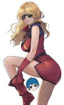 1girl adjusting_footwear blonde_hair boots breasts char_aznable chibi chibi_inset commentary_request dress foot_out_of_frame from_side genderswap genderswap_(mtf) gloves gundam highres kamille_bidan kasumi_(skchkko) large_breasts long_hair looking_at_viewer parted_lips quattro_bajeena red_boots red_dress red_gloves short_dress simple_background solo standing standing_on_one_leg sunglasses white_background zeta_gundam