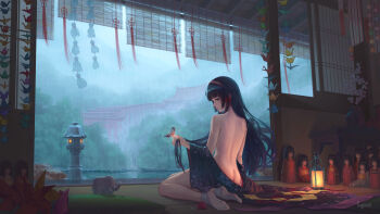 1girl absurdres architecture artist_name ass back bamboo_screen bare_back bare_shoulders bishoujo_mangekyou bishoujo_mangekyou:_kotowari_to_meikyuu_no_shoujo bishoujo_mangekyou_(series) black_hair black_kimono blunt_bangs bug butterfly clothes_down cushion doll east_asian_architecture expressionless floral_print flower green_eyes hair_ornament hairband highres hime_cut holding holding_own_hair insect japanese_clothes kimono lantern lgmt long_hair looking_at_viewer naked_kimono no_shoes obi origami pagoda paper_crane petite pillow plant porch potted_plant print_kimono profile rain red_rope renge_(bishoujo_mangekyou) revision rope sash scenery shouji sitting sliding_doors socks solo teruterubouzu torii tree veranda water white_socks wide_shot window_blinds yokozuwari zabuton