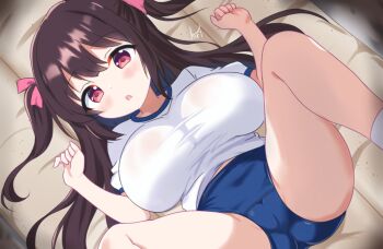 :o blue_buruma blush breasts brown_hair bulma buruma cameltoe commentary_request gym_shirt gym_uniform hair_between_eyes hair_ribbon huge_breasts kiri_(kiri_ll) large_breasts long_hair looking_at_viewer lying mat on_back open_mouth oppai_loli original pink_ribbon red_eyes ribbon shirt short_sleeves sidelocks signature socks spread_legs taut_clothes taut_shirt thighs two_side_up white_shirt white_socks