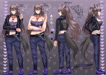 1girl animal_ears bare_arms bare_shoulders belt black_belt black_choker black_jacket black_nails blue_pants blue_sealad breasts chain choker cigarette cleavage clothes_writing commentary earrings freya_(blue_sealad) grey_background grey_eyes grey_hair gun hand_on_own_hip hand_up highres holding holding_cigarette hoop_earrings jacket jewelry large_breasts long_hair looking_at_viewer midriff multiple_views nail_polish navel open_clothes open_jacket original pants pendant ponytail purple_shoes reference_sheet scar scar_across_eye scar_on_face shoes shotgun smoke standing strapless tail tube_top very_long_hair weapon wolf_ears wolf_tail