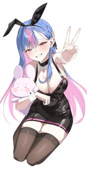 1girl absurdres animal_ear_hairband animal_ears bing_hayu black_collar black_dress black_hairband blue_hair breasts brown_thighhighs cleavage clock_hair_ornament collar colored_inner_hair commentary_request covered_navel detached_collar dress fake_animal_ears full_body grin hairband highres holding holding_stuffed_toy korean_commentary large_breasts leather_dress long_hair looking_at_viewer luvdia multicolored_hair outstretched_arm parted_bangs pigpotato pink_eyes pink_hair playboy_bunny rabbit_ear_hairband rabbit_ears short_dress simple_background sitting sleeveless sleeveless_dress smile solo straight_hair streaked_hair stuffed_animal stuffed_rabbit stuffed_toy thighhighs two-tone_hair v very_long_hair virtual_youtuber white_background white_collar white_wrist_cuffs wing_collar wrist_cuffs zettai_ryouiki