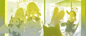 Rule 34 | <|> <|>, 4girls, absurdres, azusa (blue archive), beret, black hat, black wings, blue archive, crescent halo, feathered wings, halo, hanako (blue archive), hat, head wings, hifumi (blue archive), highres, koharu (blue archive), long hair, looking at viewer, low twintails, low wings, make-up work club (blue archive), multiple girls, open mouth, peroro (blue archive), s0lari sub, school uniform, twintails, upper body, white wings, winged hat, wings