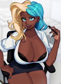 1girl aqua_eyes aqua_hair black_bra blonde_hair blue_skirt bra breasts dark-skinned_female dark_skin highres holding holding_pen huge_breasts lips looking_to_the_side makeup maplekeurig medium_hair multicolored_hair nail_polish open_mouth original pen shirt sitting skirt smile solo teeth two-tone_hair underwear white_shirt