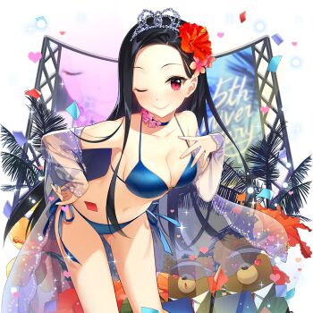 1girl ;) bare_shoulders beach bent_over bikini bird black_hair blue_bikini blush breasts brown_eyes choker clarice_lapis cleavage closed_mouth collarbone confetti contrapposto cowboy_shot fireworks flag flower front-tie_top hair_flower hair_ornament hand_on_own_hip hibiscus innertube jewelry large_breasts leaning_forward lens_flare long_hair long_sleeves looking_at_viewer medium_breasts navel off_shoulder one_eye_closed palm_tree pink_eyes purple_eyes red_eyes rubber_duck salt_(salty) see-through_clothes smile solo sparkle standing string_bikini string_of_flags stuffed_animal stuffed_toy swim_ring swimsuit teddy_bear transparent_background tree uchi_no_hime-sama_ga_ichiban_kawaii very_long_hair water