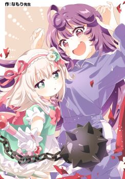 Rule 34 | 2girls, @ @, arms up, back bow, ball and chain (weapon), border, bow, bowtie, breasts, brown background, choker, commentary, crying, crying with eyes open, dress, emphasis lines, flower, frilled dress, frills, fujiyama shinobu, gloves, green dress, green eyes, hair flower, hair ornament, highres, holding, holding wand, jacket, large breasts, light brown hair, mahou shoujo 201, multiple girls, namori, one side up, pants, pink bow, pink bowtie, pink choker, princess mamu, puffy short sleeves, puffy sleeves, purple eyes, purple hair, purple jacket, purple pants, ribbon-trimmed hairband, ribbon choker, sailor collar, sailor dress, shirt tucked in, short sleeves, spiked ball and chain, sweat, tears, track jacket, track pants, wand, weapon, white border, white dress, white gloves, white sailor collar