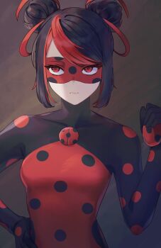 1girl black_background black_bodysuit black_hair black_mask bodysuit breasts brown_background closed_mouth collarbone commentary_request double_bun eye_mask facing_viewer hair_bun hand_on_own_hip hand_up highres holding i.no lips looking_to_the_side mask miraculous_ladybug multicolored_bodysuit multicolored_hair polka_dot red_bodysuit red_eyes red_hair red_mask shadybug short_hair sidelighting sidelocks simple_background small_breasts solo streaked_hair swept_bangs two-tone_bodysuit two-tone_hair two-tone_mask upper_body upturned_eyes