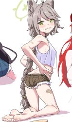 Rule 34 | 3girls, ahoge, ass, back, bandaid, bandaid on leg, bare shoulders, barefoot, blue archive, blush, braid, breasts, brown shorts, character request, clearite, cutoffs, green eyes, green halo, grey hair, grin, halo, kneeling, long hair, multiple girls, otogi (blue archive), out of frame, red hair, shorts, single braid, smile, solo focus, tank top, very long hair, white background