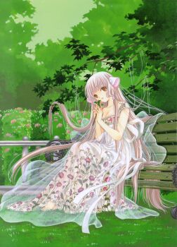 1girl absurdres artbook bare_shoulders bench breasts chii chobits clamp clamp_(circle) cleavage dress empire_waist floating_hair flower hair_spread_out highres holding holding_flower long_hair medium_breasts official_art robot_ears see-through_clothes sitting solo traditional_media very_long_hair