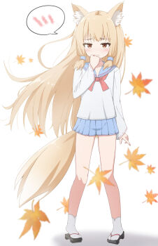 1girl animal_ears blonde_hair blue_skirt blush brown_eyes commentary_request fox_ears fox_girl fox_tail full_body highres leaf long_hair long_sleeves original pleated_skirt sailor_collar sandals school_uniform serafuku skirt solo speech_bubble spoken_blush tail takasuma_hiro very_long_hair white_background