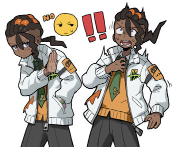 ! !! 1boy absurdres brown_hair cowboy_shot dark-skinned_male dark_skin dreadlocks green_necktie grey_pants hair_between_eyes hair_tubes hand_in_pocket highres hunched_over jacket looking_at_viewer looking_up male_focus naveen_(pokemon) necktie nintendo open_mouth pants pokemon pokemon_legends:_z-a purple_eyes sach56000 solo surprised sweat undercut white_jacket