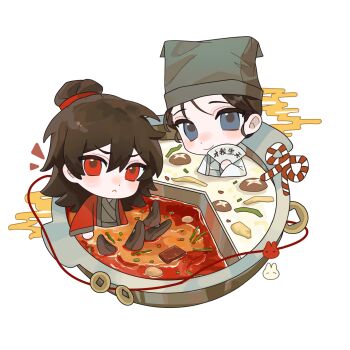 2boys :< absurdres benkebuhui black_hair blue_eyes brown_hair chibi chibi_only chili_pepper chinese_clothes chinese_commentary closed_mouth coat coin coin_on_string dao_gui_yi_xian folding_fan food grey_hanfu grey_hat hair_between_eyes hair_bun half_updo hand_fan hand_fan_writing hanfu hat highres holding holding_fan holed_coin hotpot in_food in_pot jin_(headwear) li_huowang long_hair long_sleeves looking_at_viewer male_focus mini_person miniboy multiple_boys mushroom notice_lines partially_submerged red_coat red_eyes robe simple_background single_hair_bun sitting smile soup string string_of_fate updo white_background white_coat white_hanfu zhouzi_jin_(headwear) zhuge_yuan