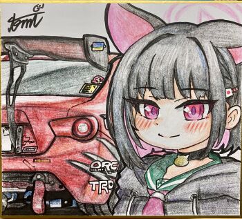 1girl absurdres animal_ears black_hair car cat_ears choker colored_inner_hair commentary_request green_sailor_collar halo highres kazusa_(blue_archive) motor_vehicle multicolored_hair pink_halo red_car sailor_collar shikishi solo tomimon traditional_media vehicle_request