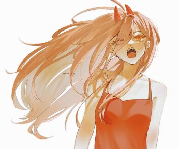 Rule 34 | 1girl, artist name, bare shoulders, camisole, chainsaw man, commentary, cross-shaped pupils, eyes visible through hair, floating hair, highres, horns, ice morinaka, long hair, looking at viewer, open mouth, orange eyes, pink hair, power (chainsaw man), red camisole, red horns, sharp teeth, solo, sweat, symbol-only commentary, symbol-shaped pupils, teeth