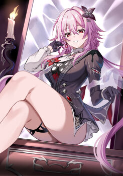 1girl asymmetrical_dress black_dress black_flower black_gloves breasts candle commentary_request crossed_legs dress evernight_(honkai:_star_rail) flower gloves hair_flower hair_ornament harimoji highres honkai:_star_rail honkai_(series) large_breasts long_hair looking_at_viewer march_7th_(honkai:_star_rail) mirror open_mouth pink_hair red_eyes sitting solo