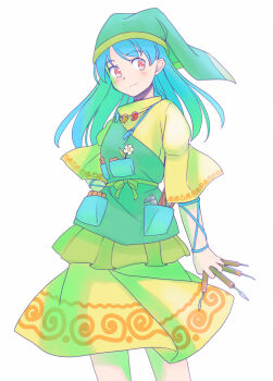 1girl apron arm_ribbon blue_hair blue_ribbon caliper_(sculpture) commentary_request dress feet_out_of_frame flower green_apron green_headscarf green_ribbon haniyasushin_keiki headscarf holding_tool long_hair one-hour_drawing_challenge orange_eyes pocket rangycrow ribbon simple_background solo tools touhou white_background white_flower yellow_dress
