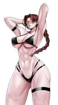 1girl abs armpits arms_behind_head arms_up bikini black_bikini braid breasts brown_eyes brown_hair cleavage commentary english_commentary highres lara_croft large_breasts long_hair muscular muscular_female solo swimsuit tomb_raider zinfian