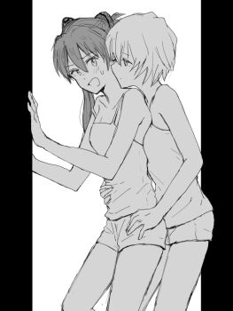 2girls ayanami_rei blush camisole closed_mouth commentary greyscale hands_on_another&#039;s_waist interface_headset_(evangelion) long_hair monochrome multiple_girls mutsu_(layergreen) neon_genesis_evangelion open_mouth short_hair shorts souryuu_asuka_langley strap_slip sweat twintails yuri