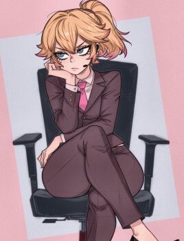1girl alternate_costume alternate_hairstyle black_eyeliner black_pants blazer blonde_hair blue_eyes breasts chair collared_shirt crossed_legs earpiece eyeliner feet_out_of_frame hand_on_own_chin high_ponytail highres jacket long_sleeves looking_to_the_side makeup mario_(series) medium_breasts necktie nintendo no_socks office_chair orangtheman pants pink_lips ponytail princess_peach red_necktie ringed_eyes shirt short_hair short_ponytail simple_background sitting solid_circle_pupils solo swivel_chair white_shirt