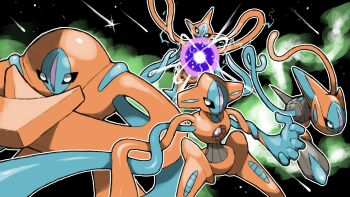 alternate_form blacknirrow crossed_arms deoxys deoxys_(attack) deoxys_(defense) deoxys_(normal) deoxys_(speed) energy_ball expressionless floating flying gen_3_pokemon highres looking_at_viewer multiple_views mythical_pokemon nintendo no_humans pokemon pokemon_(creature) pokemon_focus simple_background tentacles