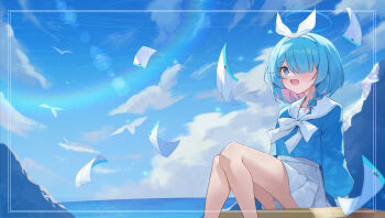 1girl :d arm_at_side arona_(blue_archive) bird blue_archive blue_eyes blue_hair blue_halo blue_shirt blue_sky blunt_bangs bow bow_hairband bowtie braid cloud colored_inner_hair commentary day feet_out_of_frame floating floating_object hair_bow hair_over_one_eye hairband halo highres lens_flare letter long_bangs long_sleeves looking_at_viewer manjie miniskirt multicolored_hair ocean one_eye_covered open_mouth outdoors pink_hair pleated_skirt puffy_long_sleeves puffy_sleeves sailor_collar school_uniform seagull serafuku shirt short_hair single_braid sitting skirt sky smile solo two-tone_hair white_bow white_bowtie white_hairband white_sailor_collar white_skirt