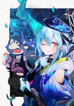 Rule 34 | 1boy, 1girl, arknights, blue cloak, blue hair, blue headwear, blue ribbon, choker, cloak, clothing cutout, doraemon, hands on own chin, hat, hat ribbon, highmore (arknights), horns, mizuki (arknights), namie-kun, parody, purple eyes, ribbon, short hair with long locks, shoulder cutout, smile, surprised, tentacles, trap