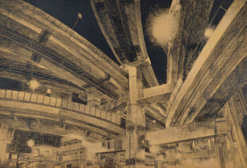 bridge bronco commentary_request crayon_(medium) monochrome night no_humans original outdoors real_world_location scenery sepia signature tokyo_(city) traditional_media traffic_light urban