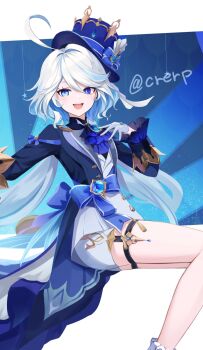1girl :d ahoge ascot blue_ascot blue_background blue_eyes blue_hat blue_jacket blush commentary_request double-parted_bangs furina_(genshin_impact) genshin_impact gloves hair_between_eyes hair_intakes hat hat_ribbon heterochromia highres invisible_chair jacket kure~pu long_hair long_sleeves looking_at_viewer open_mouth ribbon shorts sidelocks sitting smile solo star_(symbol) teeth thigh_strap thighs tilted_headwear twitter_username upper_teeth_only white_background white_gloves white_shorts