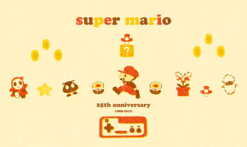 Rule 34 | 1boy, ? block, anniversary, blooper (mario), brown shirt, copyright name, facial hair, famicom gamepad, fire flower, from side, goomba, hat, male focus, manami (uovoegg), mario, mario (series), mustache, nintendo, overalls, piranha plant, red hat, red overalls, shirt, shy guy, simple background, super mushroom, super star (mario)